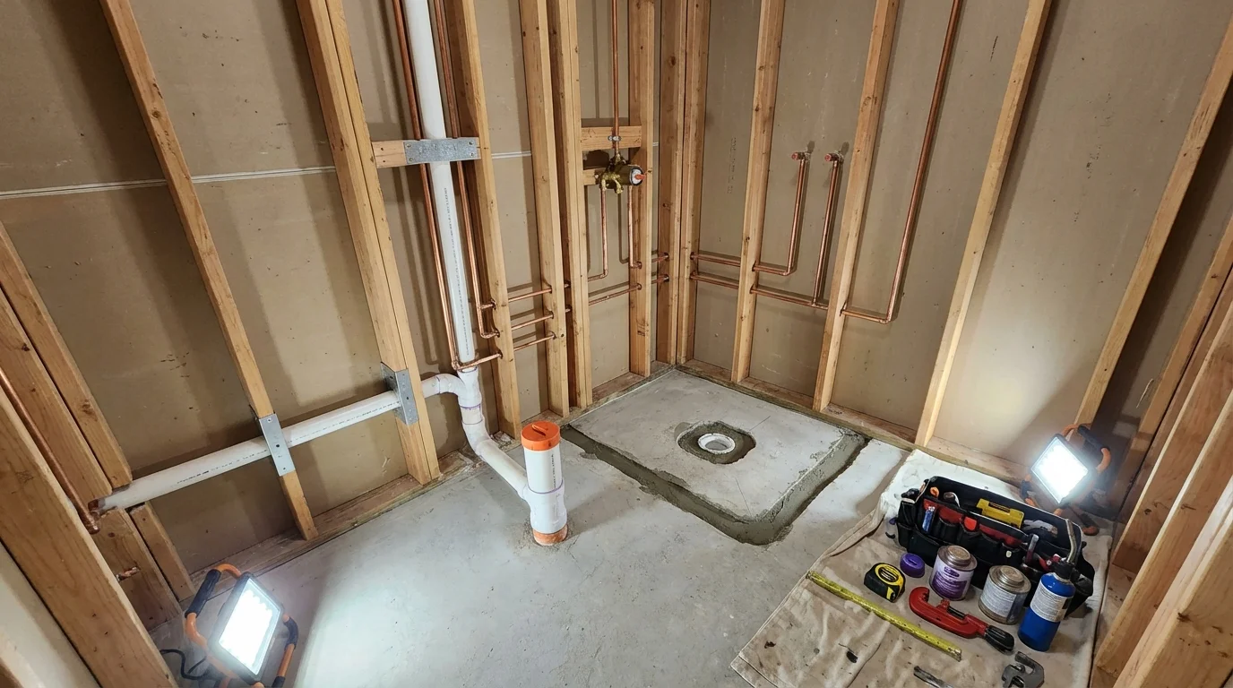 Bathroom rough-in plumbing during remodel by Johns Plumbing LLC in Curtice