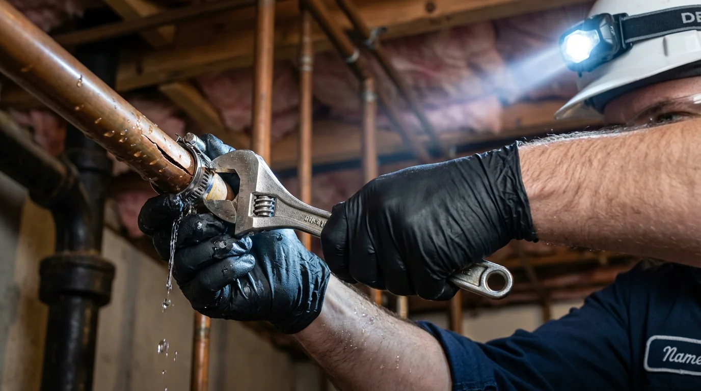Emergency pipe clamp repair being performed by a Johns Plumbing LLC plumber in Curtice