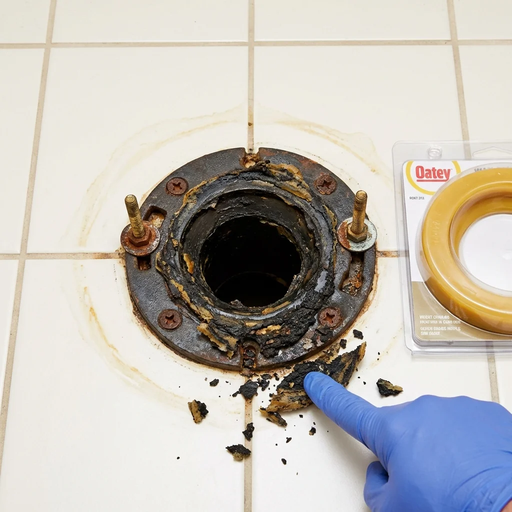 Failed wax ring showing water seepage at the base of a toilet in a Curtice, OH home