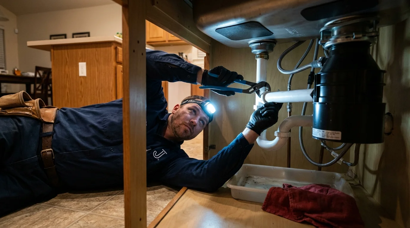 P-trap and supply line connections under a kitchen sink showing a common leak point in Curtice, OH